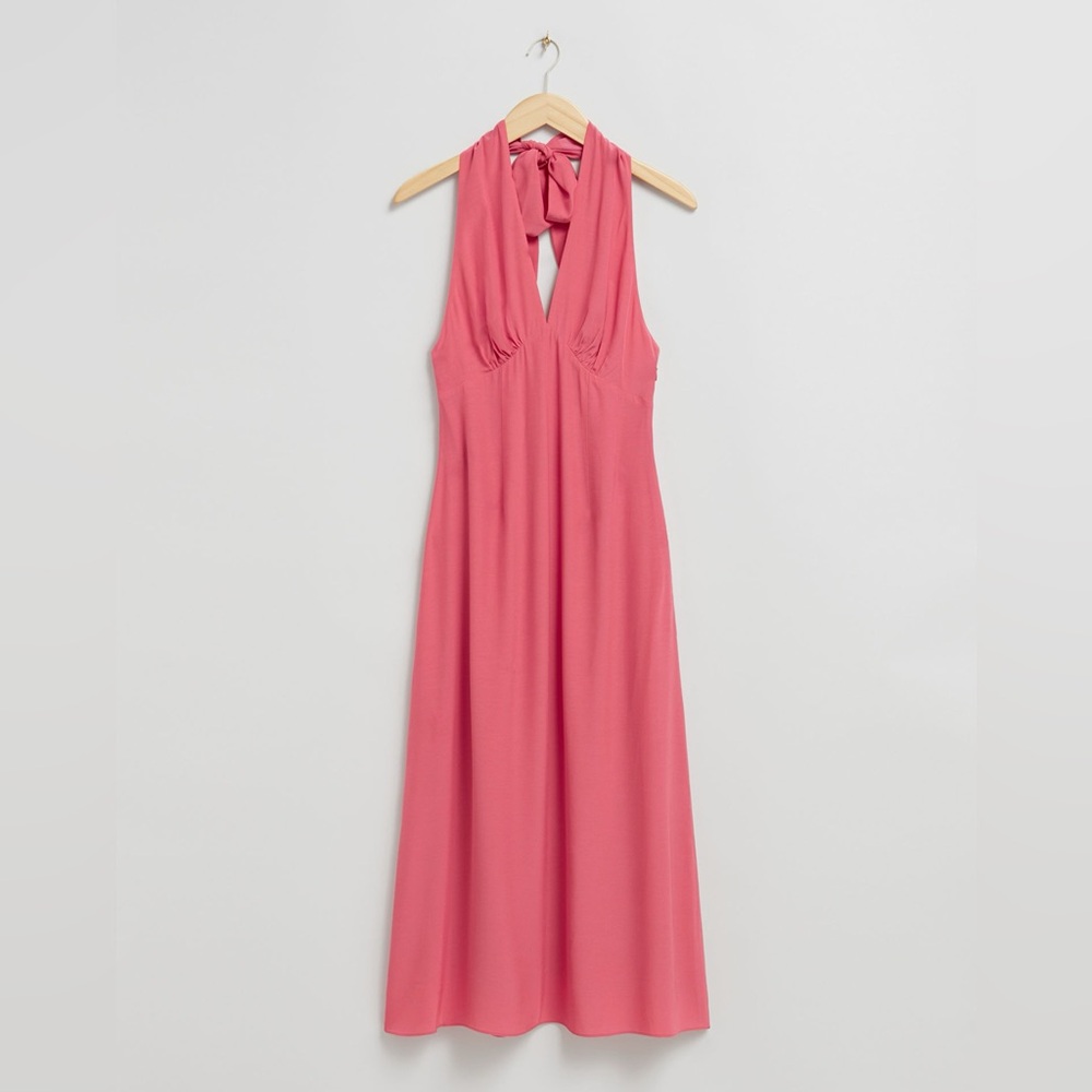 NWT & Other Stories Halterneck Bow Flared Dress Pink Size 8